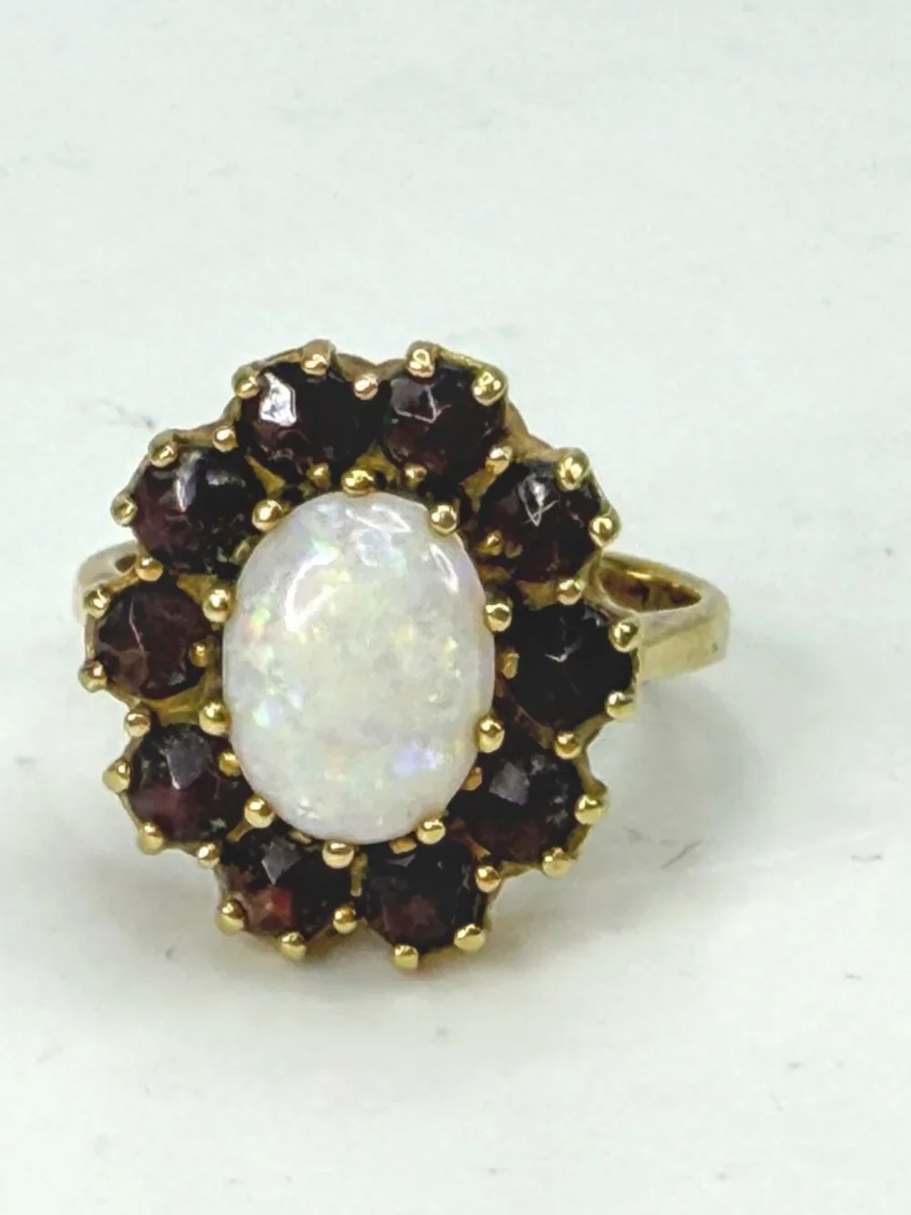 Vintage 14K Gold Opal Garnet Cluster Halo Cocktail Ring Size 5.5 JR1982